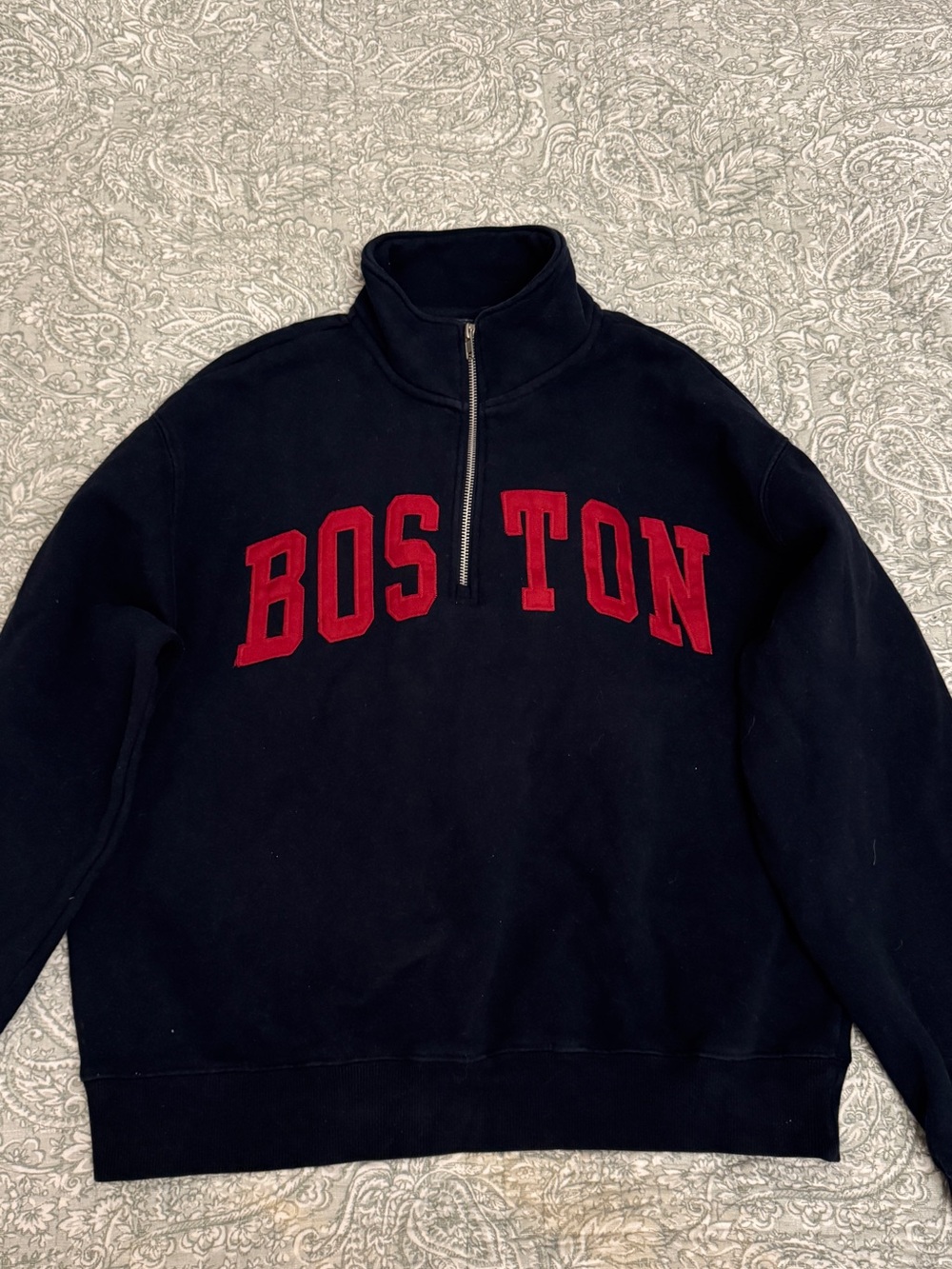 Women's Slightly Cropped  Quarter Zip Sweatshirt with Red 'BOSTON' Applique